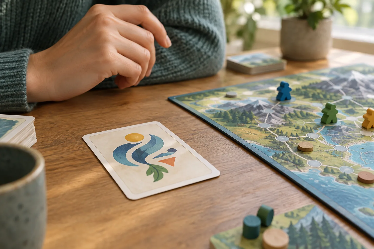 Une main s’approche d’une carte illustrée posée près d’un plateau de jeu.