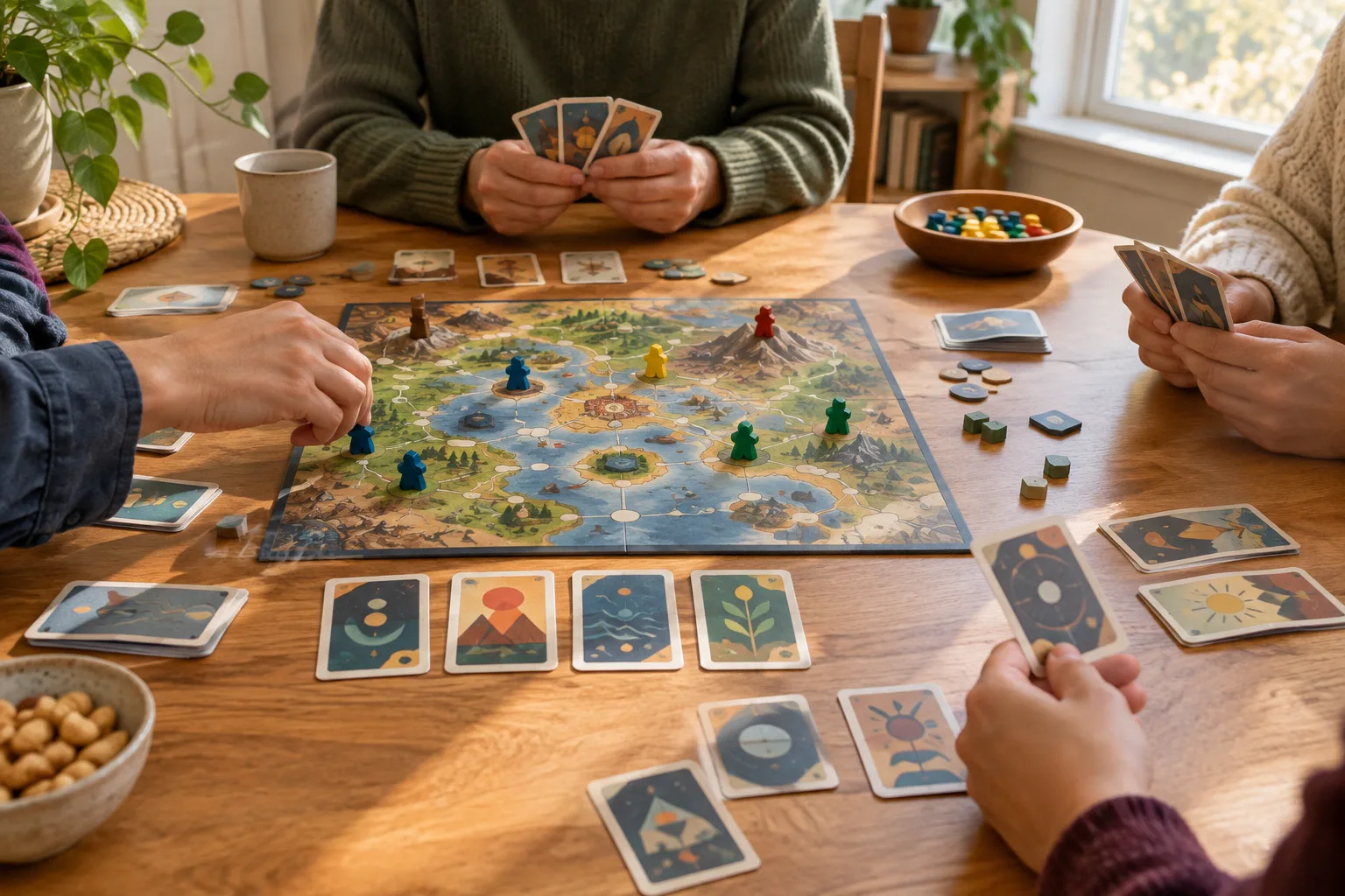 Des cartes aux motifs abstraits sont disposées près d’un plateau de jeu, autour duquel se retrouvent plusieurs joueurs.