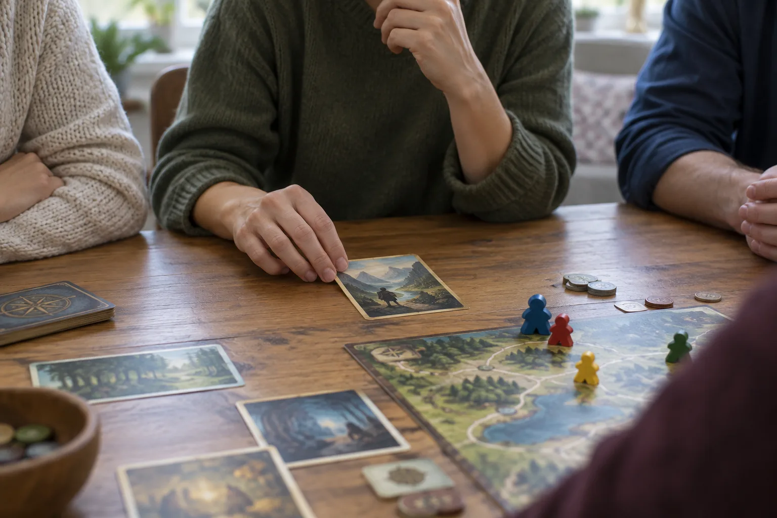 Un joueur prend un moment pour préciser son intention, tandis que les autres participants l’écoutent.