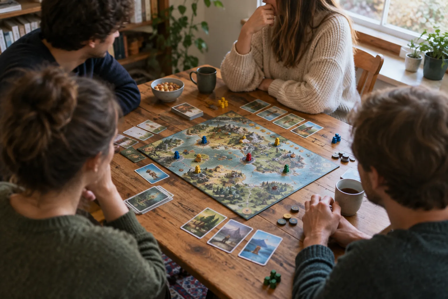 Des joueurs réunis autour d’un plateau et de cartes pendant une partie de jeu coopératif.