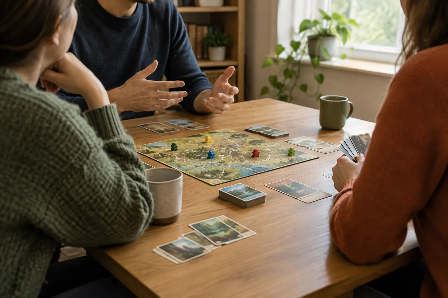 Des joueurs échangent autour d’un plateau et de cartes pendant une partie coopérative.