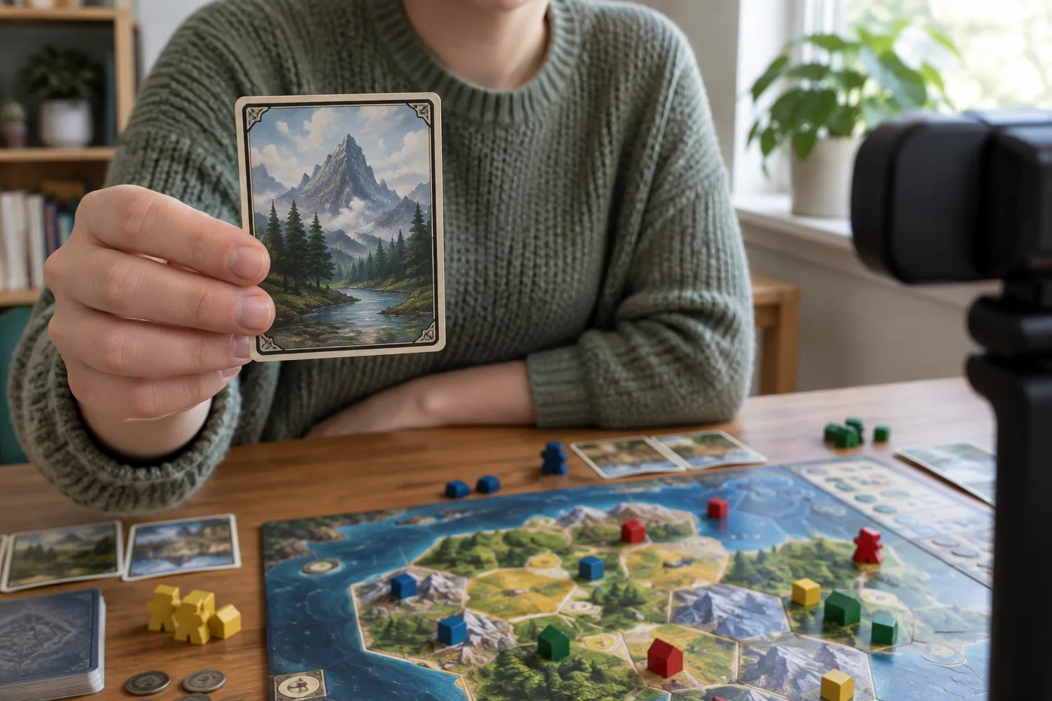 Une carte présentée près d’une caméra au-dessus d’un plateau de jeu.