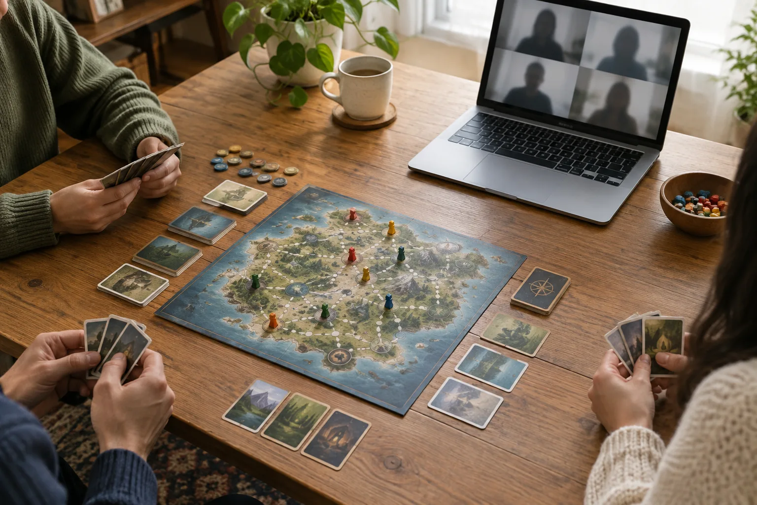 Un plateau de jeu et des cartes installés près d’un ordinateur pour une partie en visioconférence.