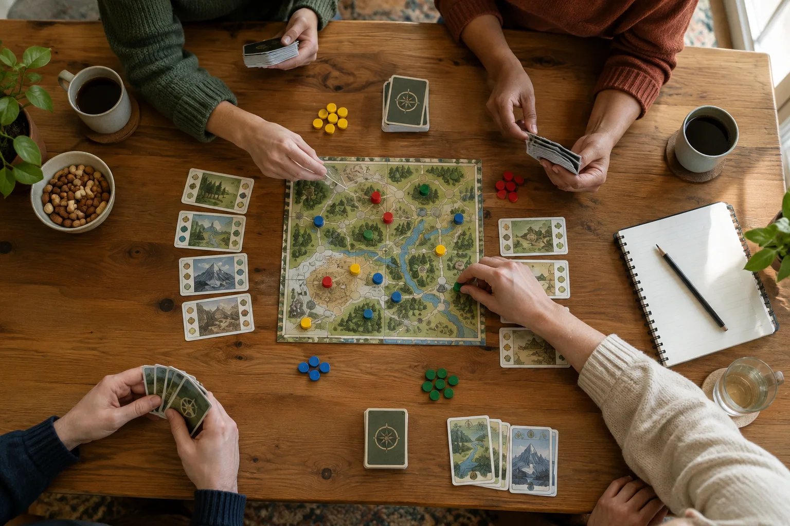 Des joueurs réunis autour d’un plateau et de cartes pendant une partie coopérative.