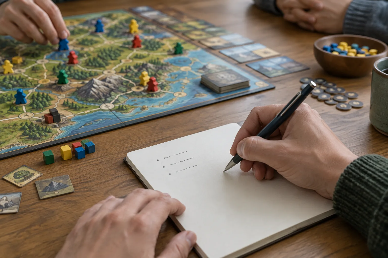Une personne prend quelques notes dans un carnet près d’un plateau de jeu.