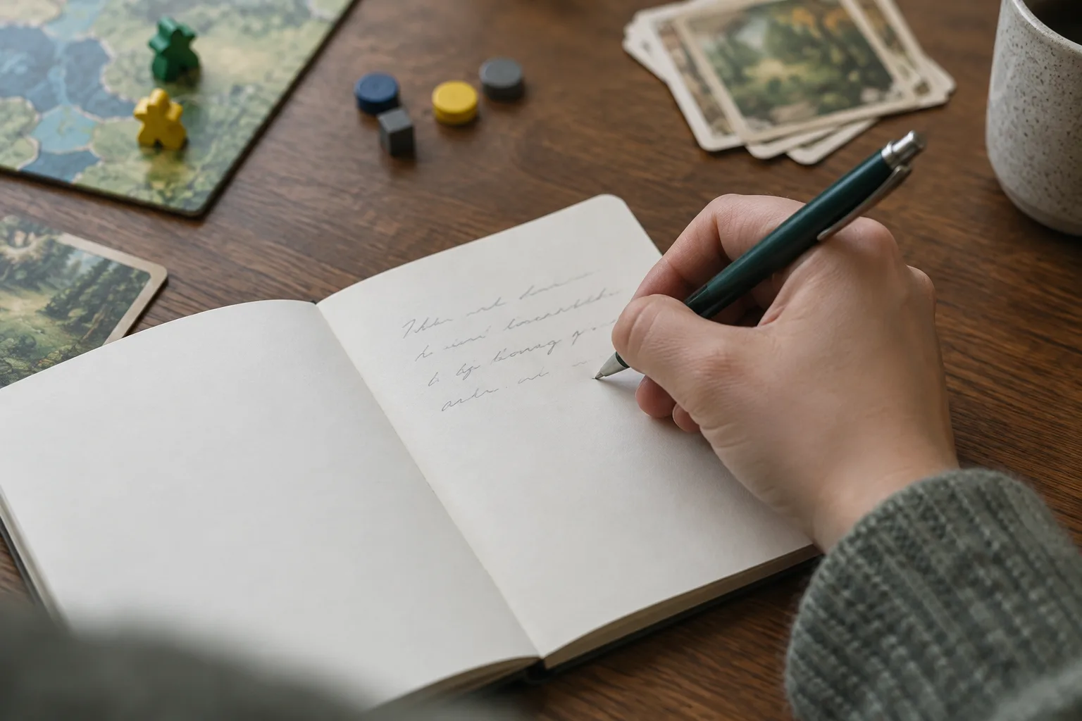 Une main note une réflexion dans un carnet après une partie, avec quelques pièces de jeu sur la table.