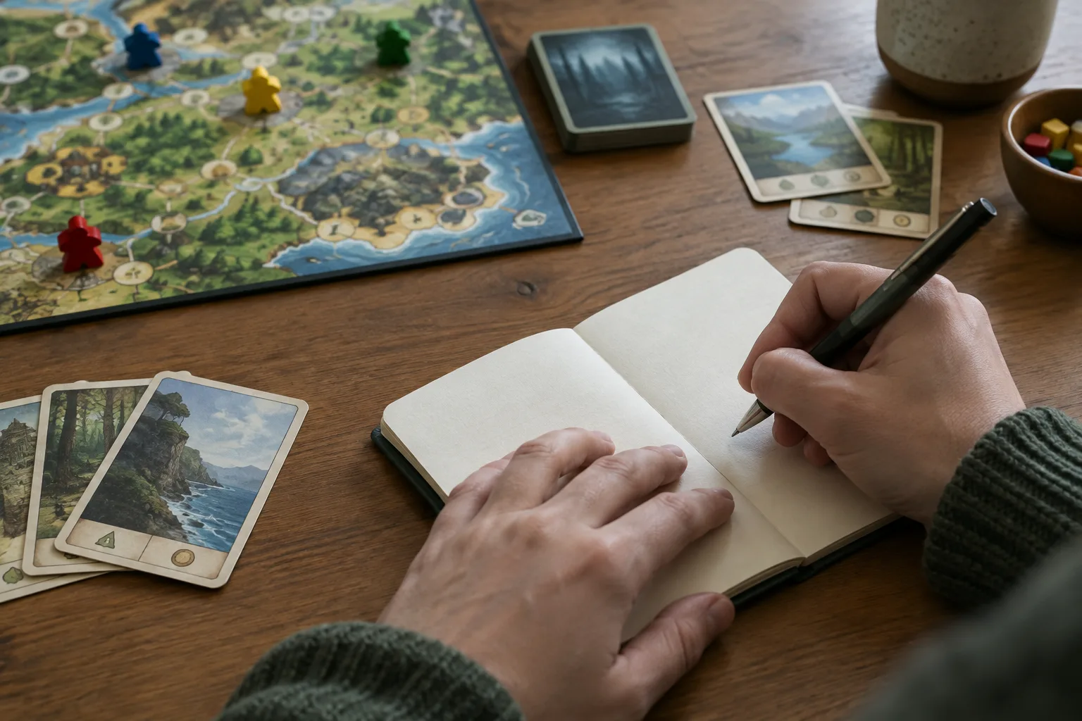 Une personne note une piste dans un carnet posé près du plateau et de quelques cartes.