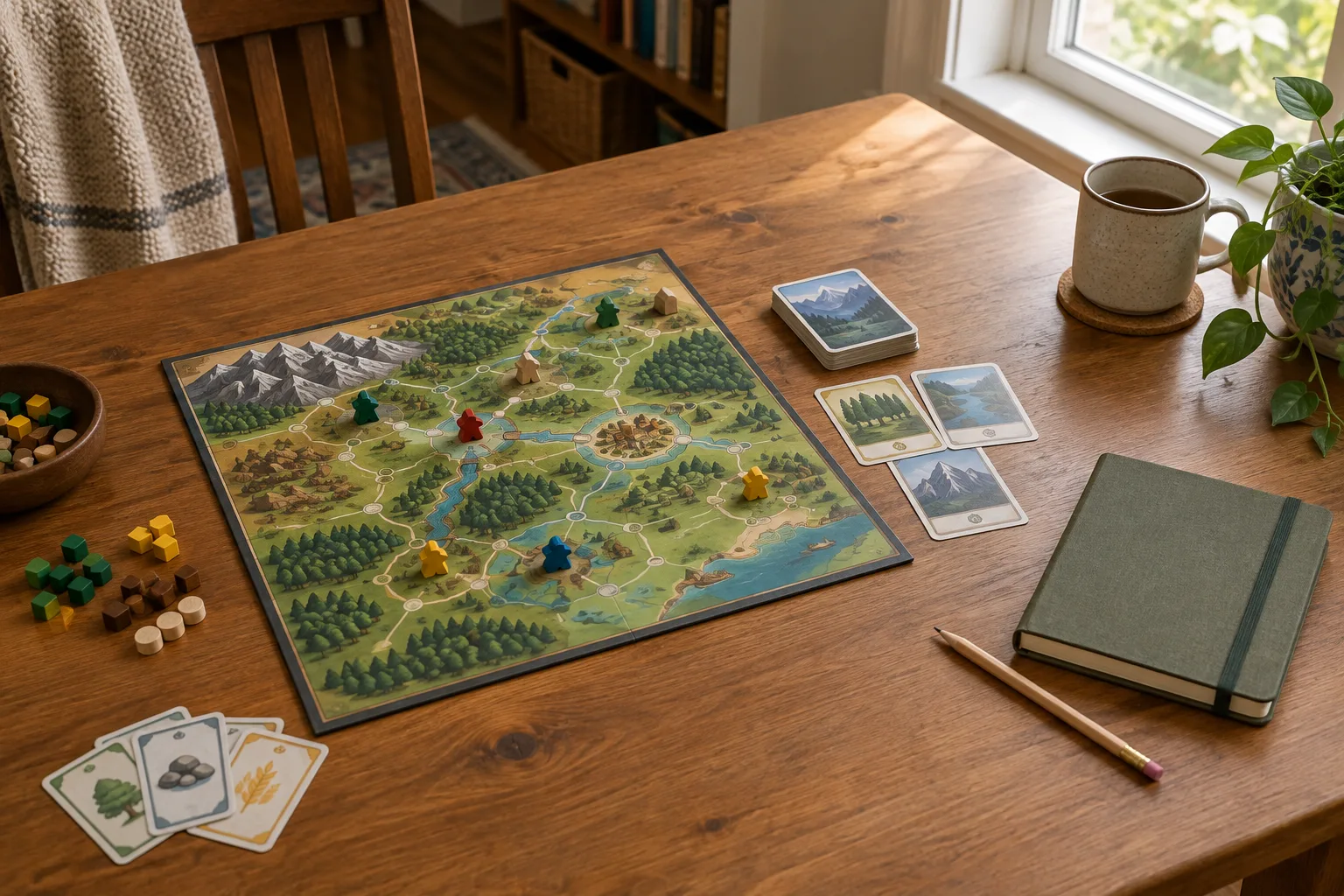 Un plateau de jeu et quelques cartes rangés près d’un carnet après une partie.