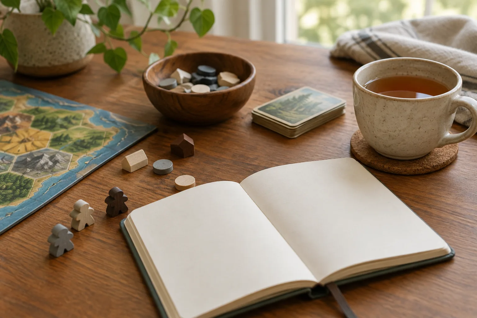 Un carnet ouvert et quelques éléments de jeu posés sur une table après une partie.
