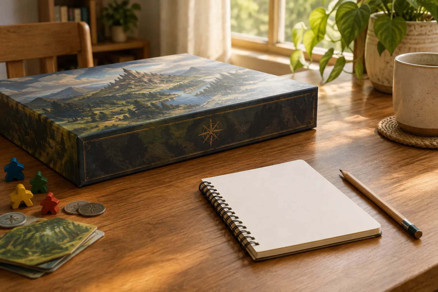 Un carnet vierge et un crayon posés près d’un plateau de jeu après une partie.