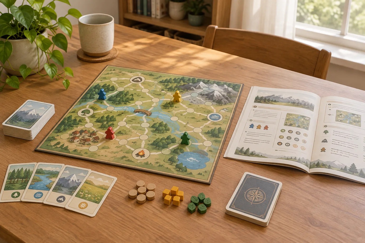 Un plateau de jeu et quelques cartes installés près d’un livret de règles ouvert.