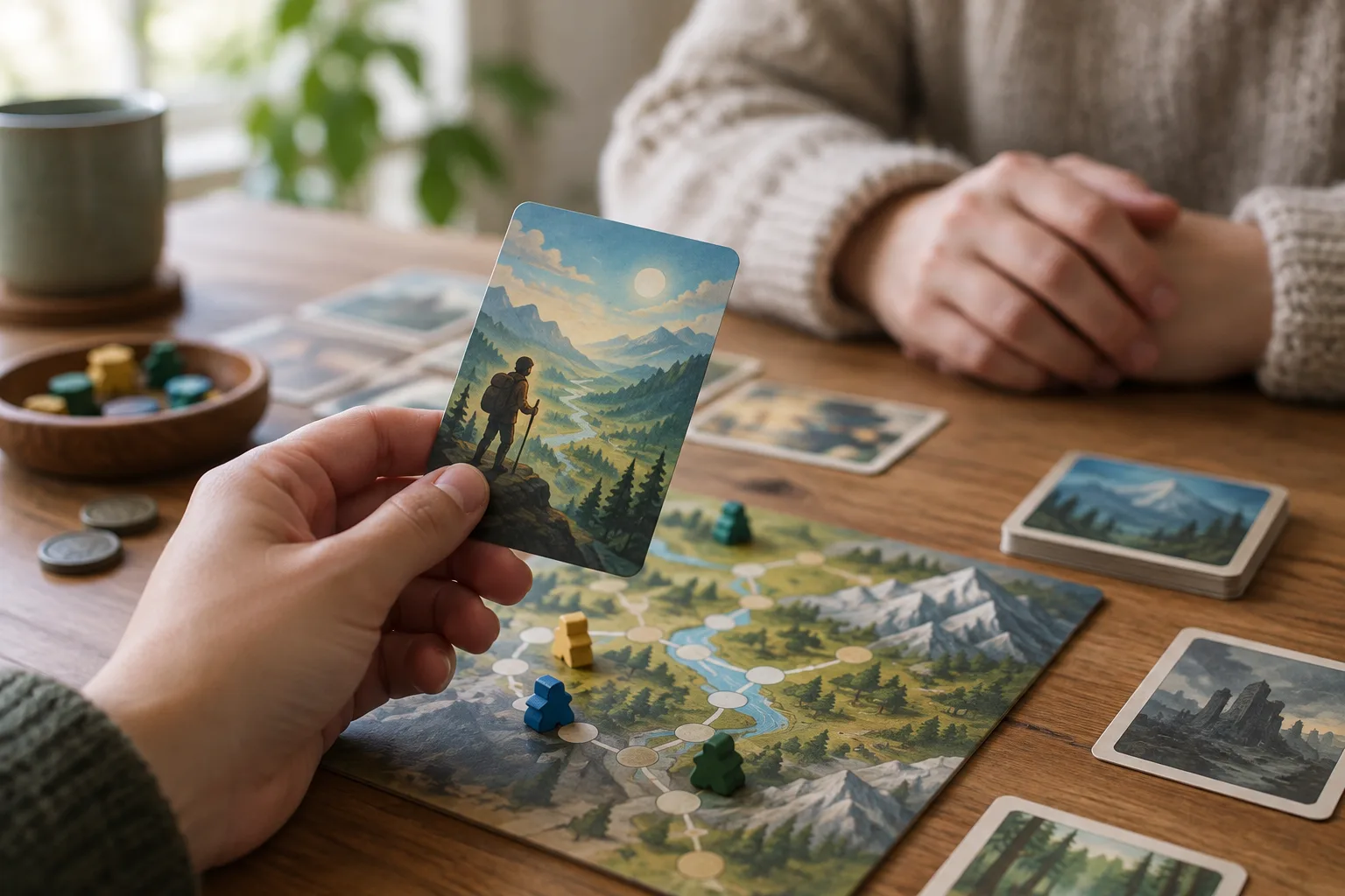 Une main tient une carte tirée au-dessus du plateau pendant que les autres joueurs écoutent.