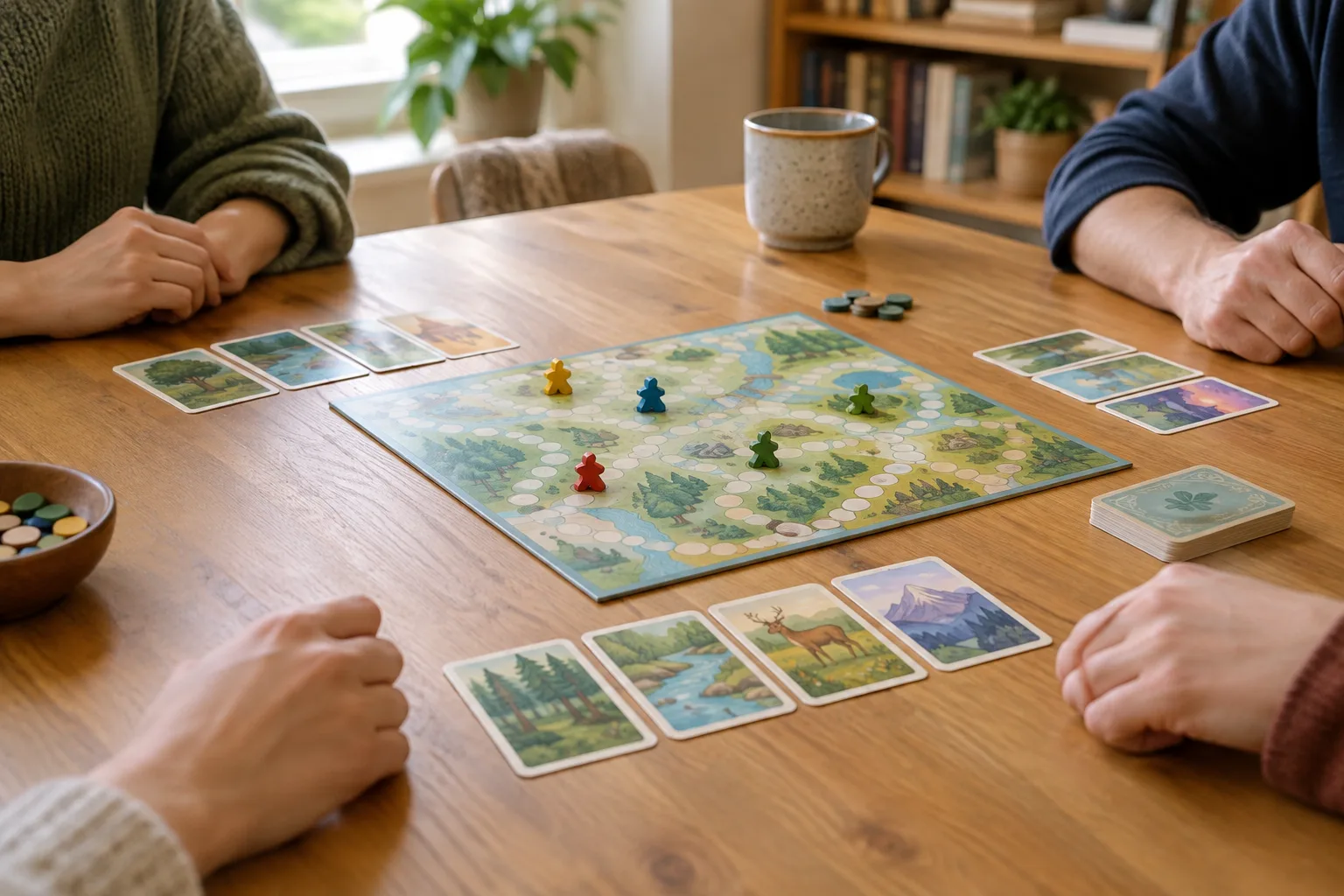 Des cartes posées près d’un plateau de jeu, avec les mains des joueurs autour de la table.