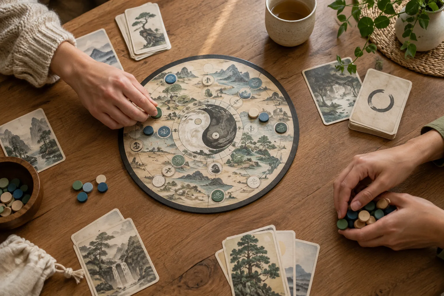 Des mains rangent calmement un plateau et des cartes après une partie de jeu coopératif.