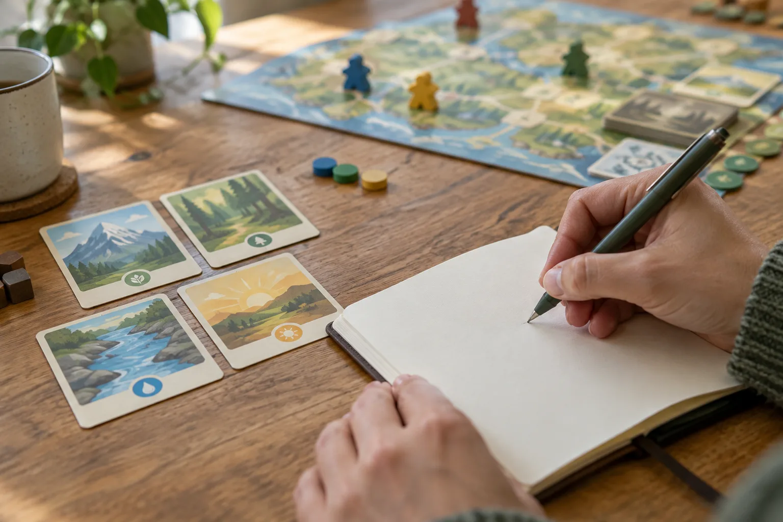 Une personne note quelques idées dans un carnet posé près de cartes de jeu.