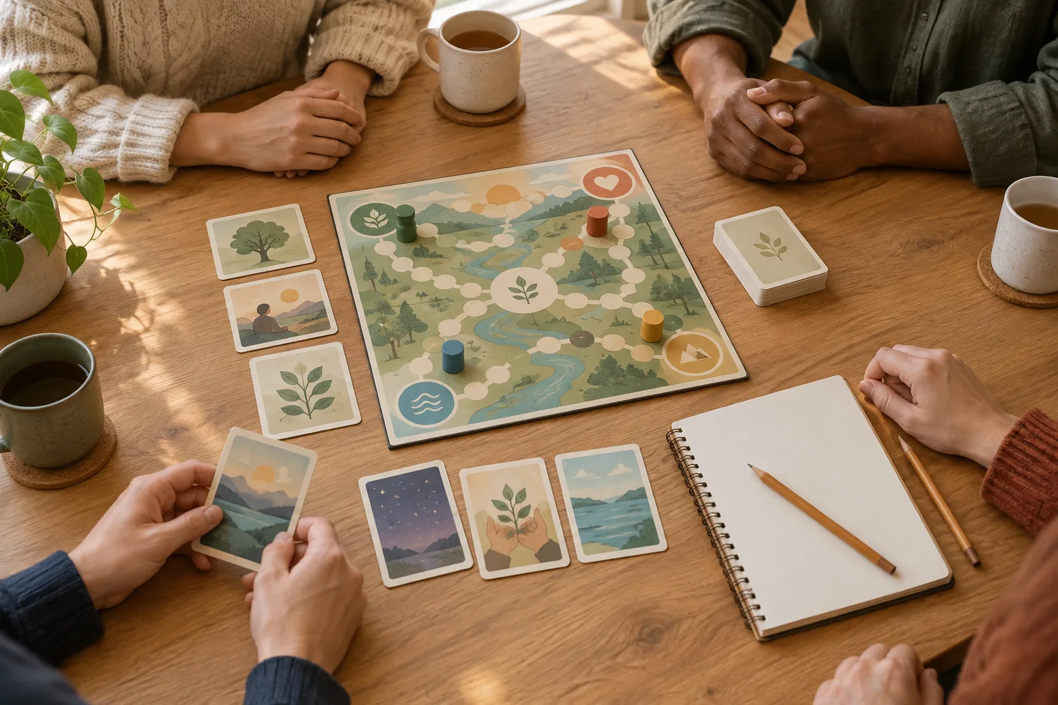 Des mains réunies autour d’un plateau de jeu, de cartes et d’un carnet ouvert.