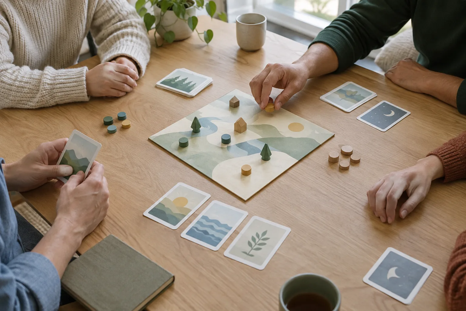 Un plateau de jeu entouré de cartes et de pions, avec les mains des joueurs autour de la table.