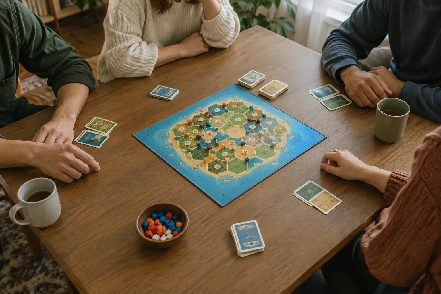Des joueurs réunis autour d’un plateau et de cartes, dans une ambiance calme.