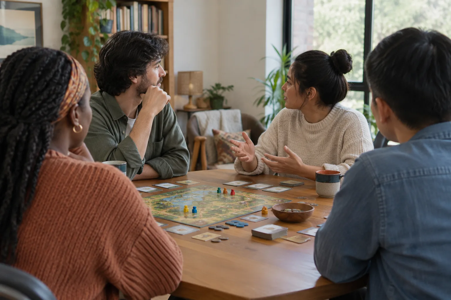 Des joueurs réunis autour d’un plateau, attentifs à la personne qui parle.