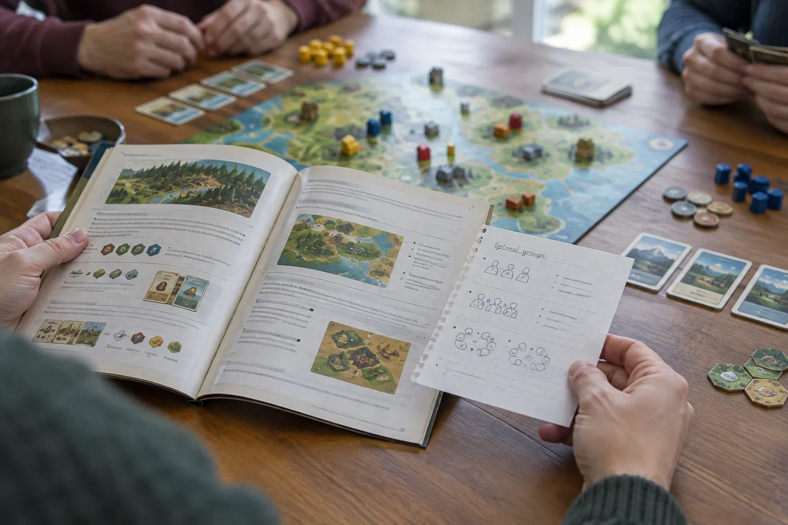 Des mains comparent un livret de règles et des notes d’organisation près d’un plateau de jeu.