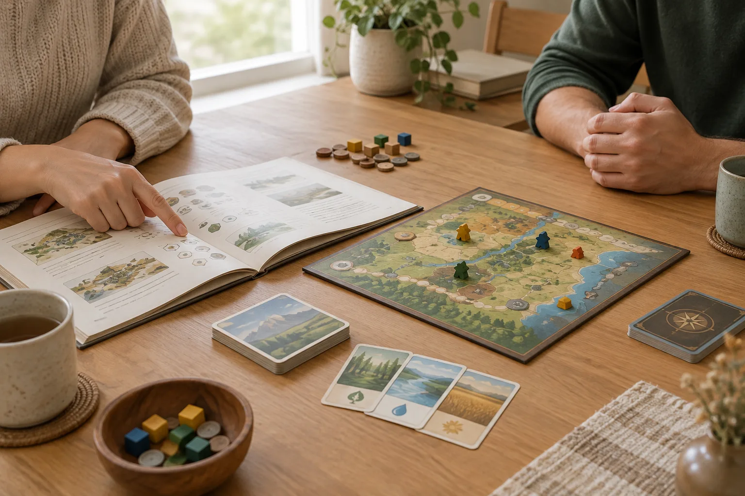 Un livret de règles ouvert à côté d’un plateau et de cartes, avec des mains réunies autour de la table.