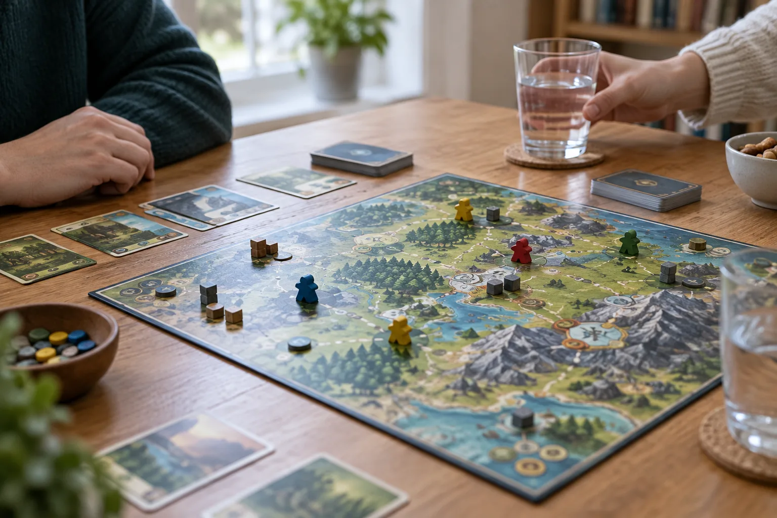 Une main près du plateau et un verre d’eau posé sur la table pendant une pause.