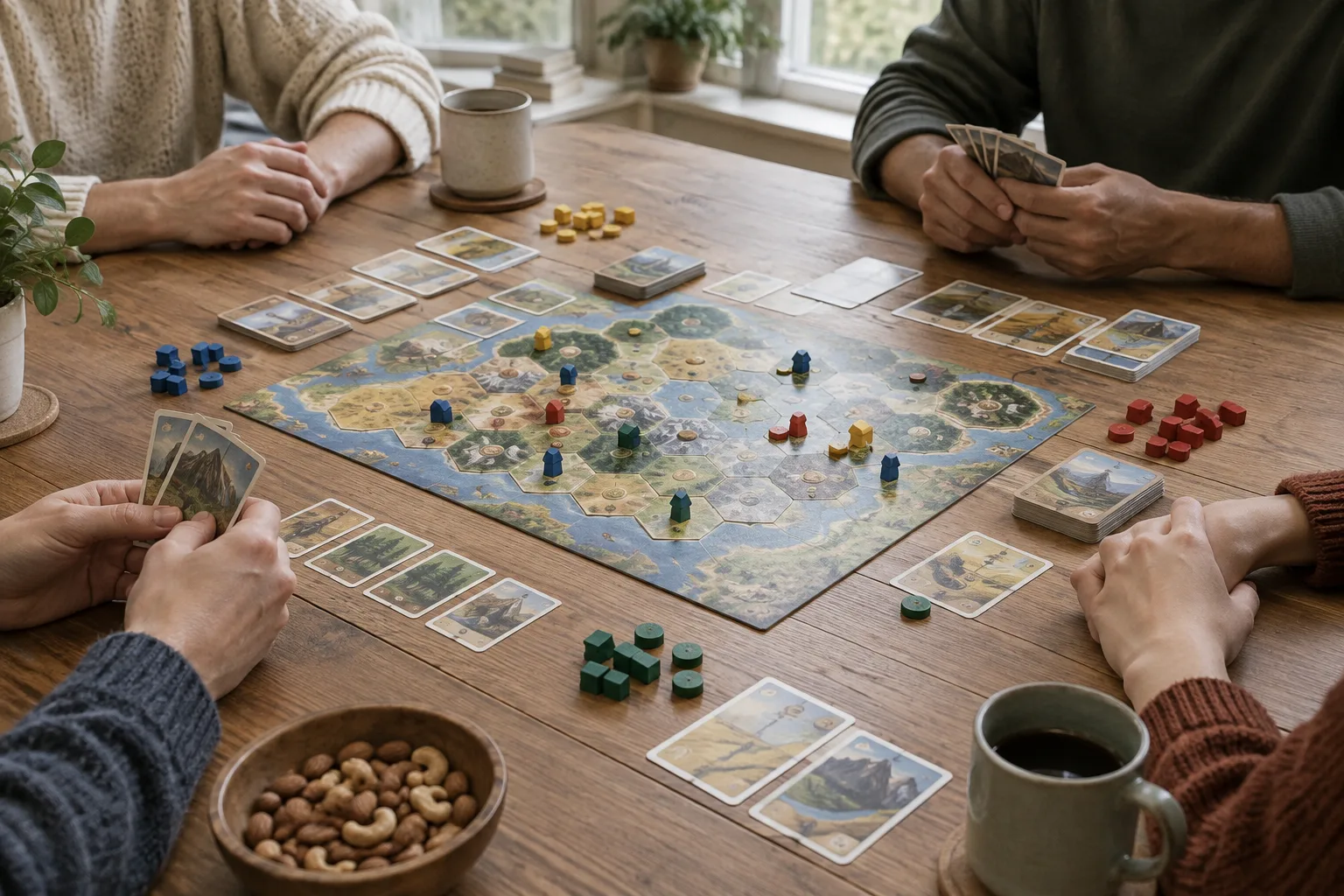 Des mains autour d’un plateau de jeu pendant une pause, dans une lumière douce.