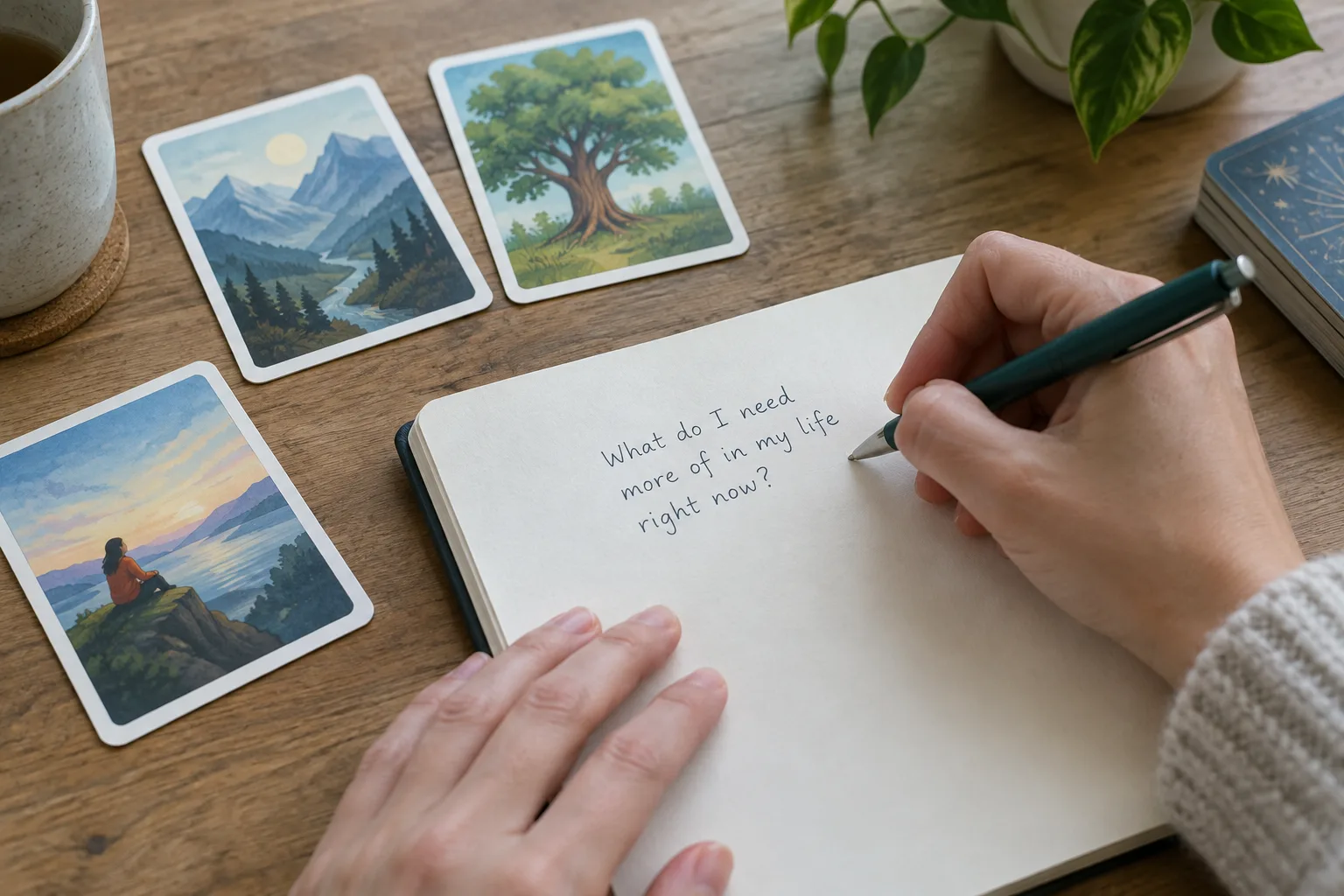 Une main note une question près de cartes de jeu posées sur une table.