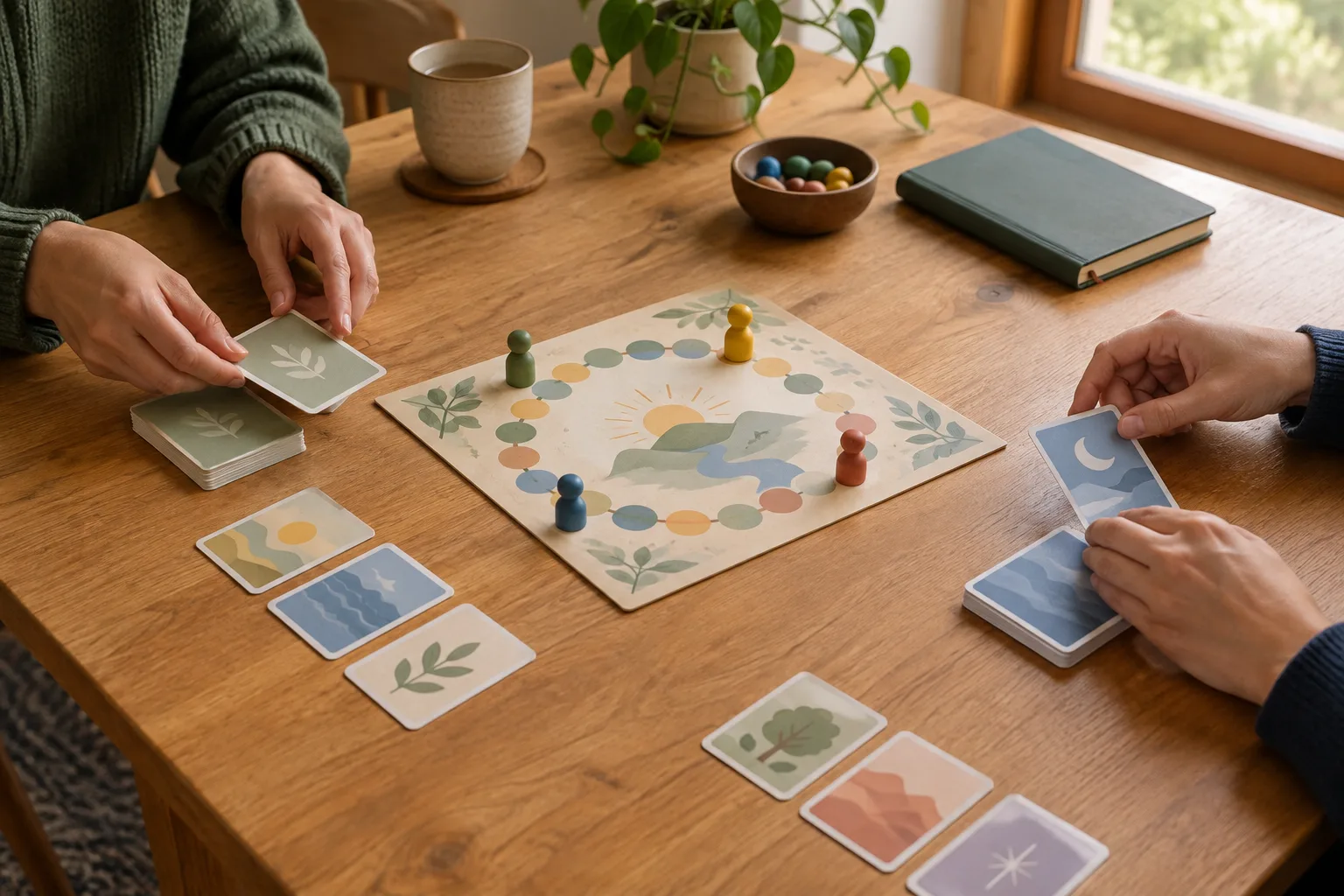 Un plateau de jeu et quelques cartes disposés sur une table avant une partie.