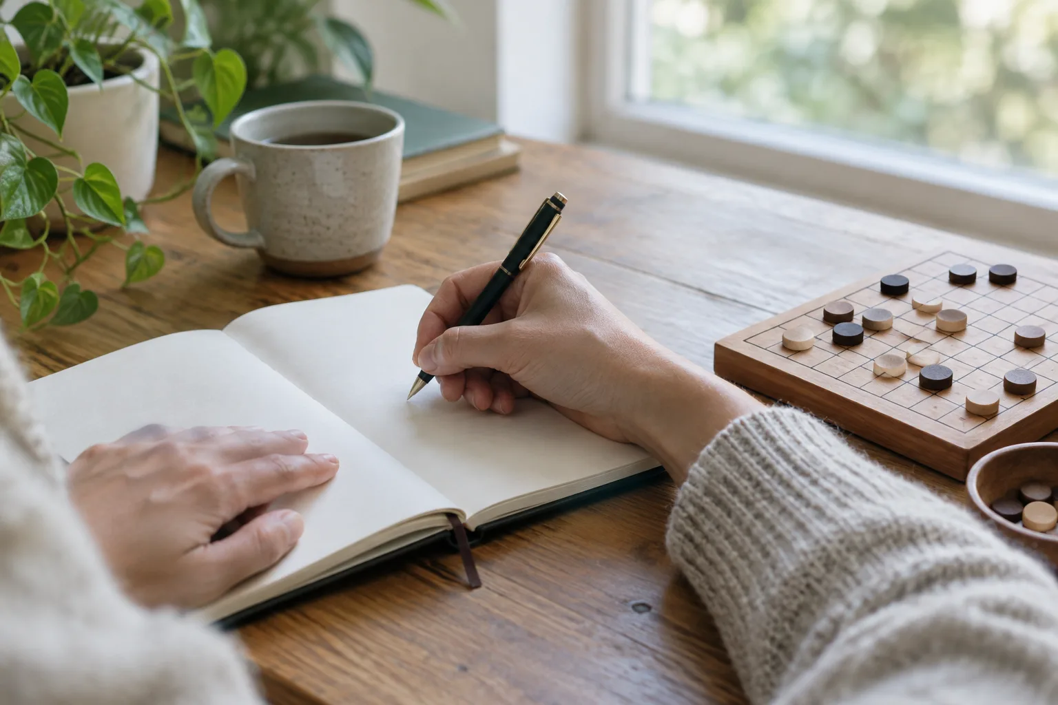 Une personne prend des notes à côté d’un plateau de jeu.