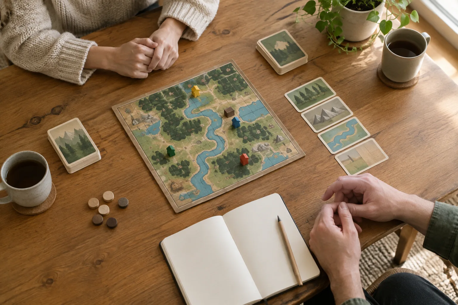Des joueurs réunis autour d’un plateau, de cartes et d’un carnet ouvert.