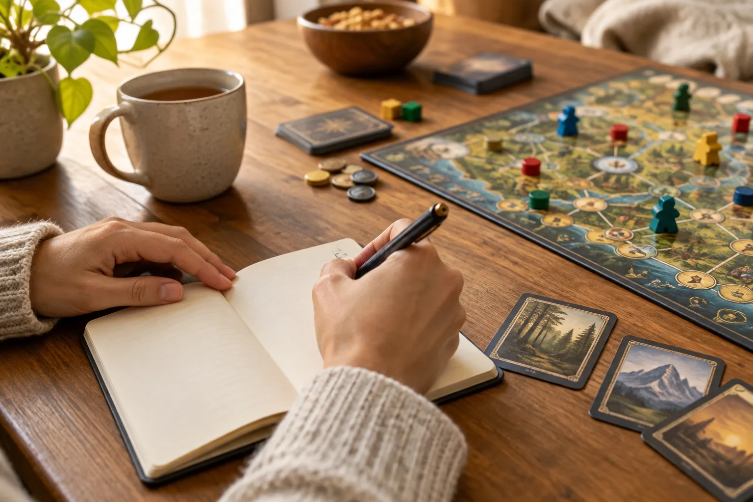 Une main écrit dans un carnet posé près de cartes et d’un plateau.