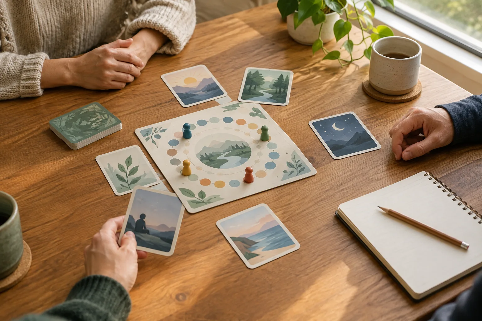 Un carnet et un crayon près d’un plateau et de cartes de jeu.