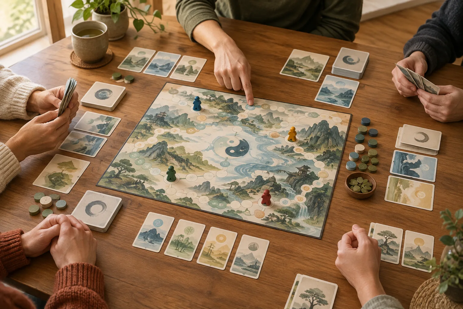 Des joueurs réunis autour d’un plateau de Jeu du Tao, avec une main qui indique une étape.