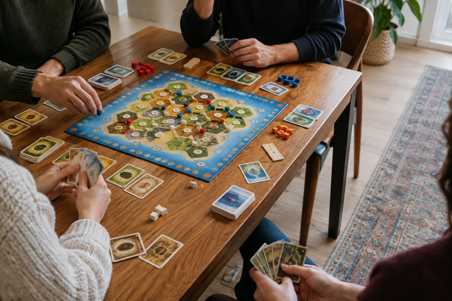 Des joueurs ajustent leurs places autour d’un plateau et disposent les cartes à portée de main.
