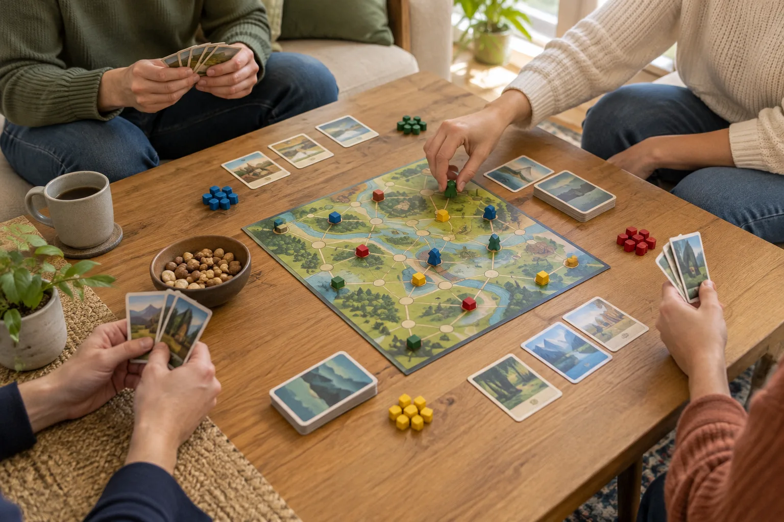Des joueurs installés autour d’un plateau de jeu, avec les cartes accessibles à tous.