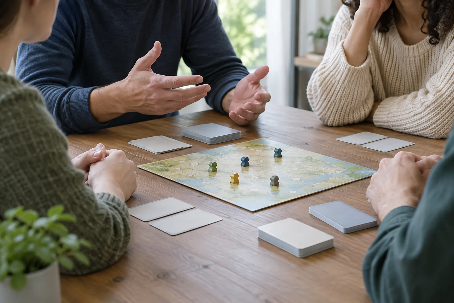 Des participants écoutent un joueur qui présente son intention autour d’un jeu de société.