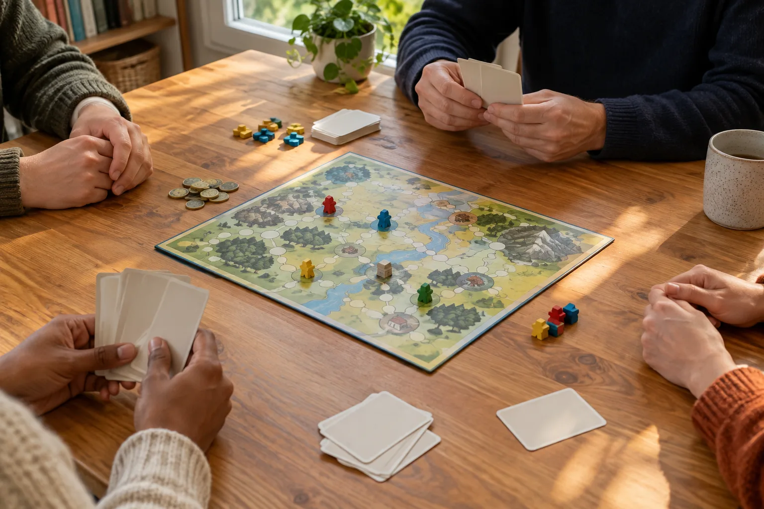 Des mains réunies autour d’un plateau de jeu pendant un échange coopératif.