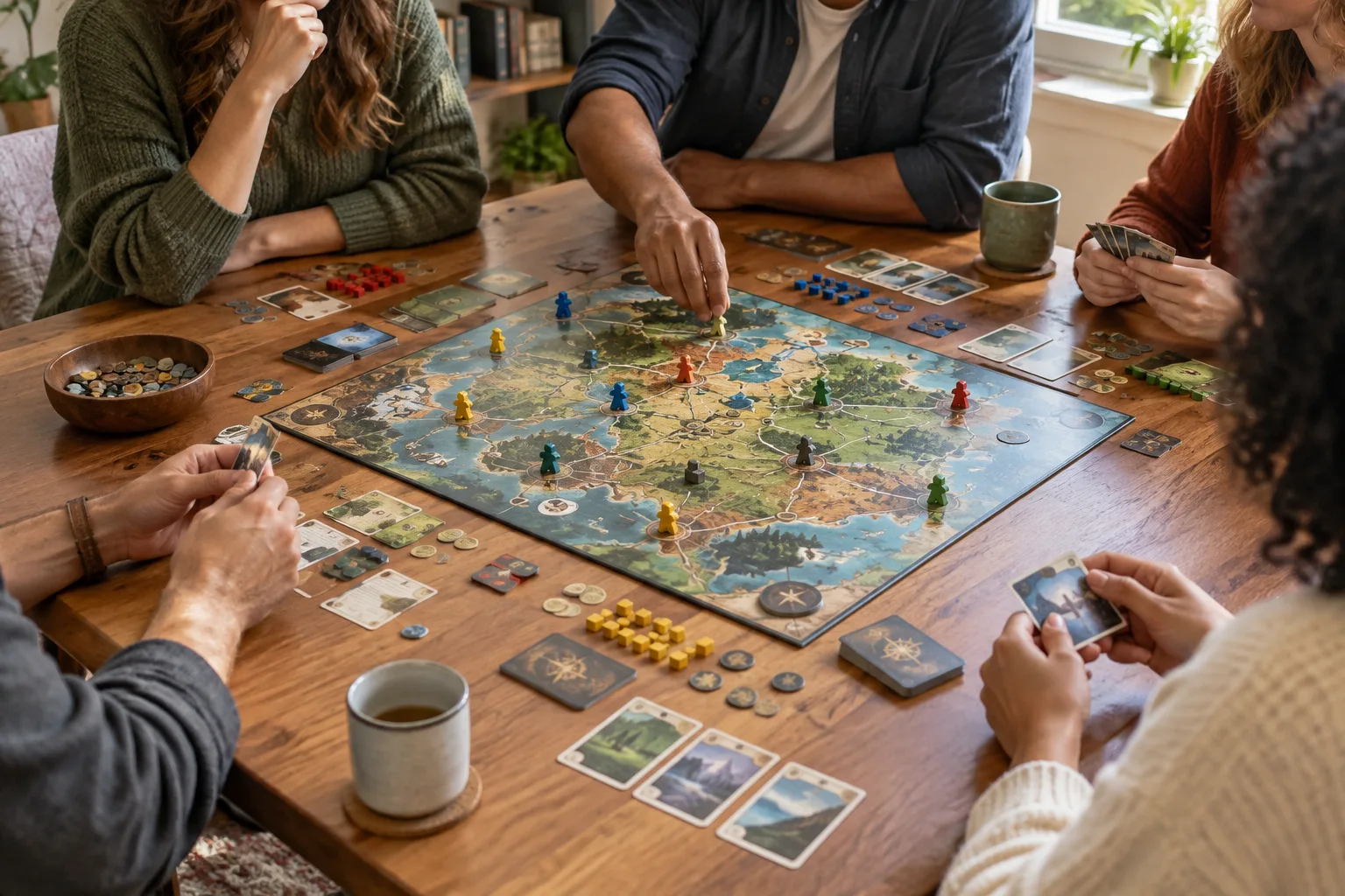 Des joueurs réunis autour d’un plateau de jeu, avec les cartes et les mains visibles.