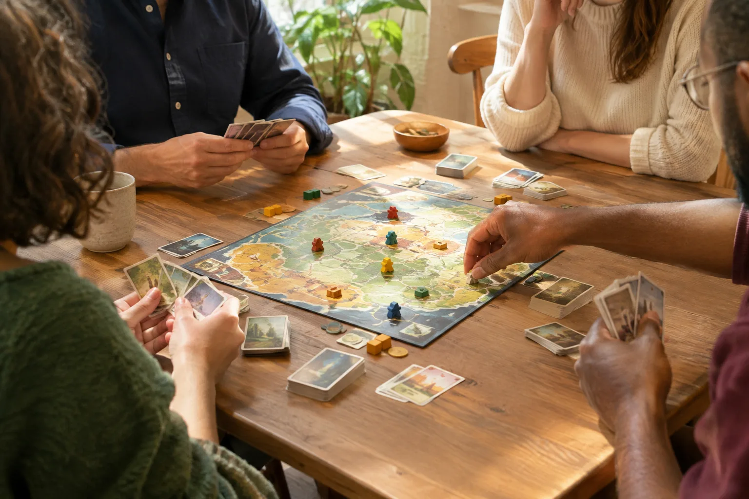 Petit groupe réuni autour d’un plateau de jeu avec des cartes.