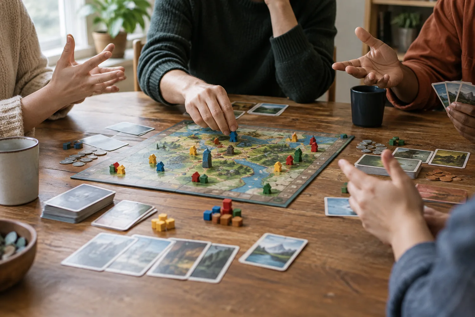 Autour d’un plateau de jeu, plusieurs mains se répondent tandis qu’une place reste au centre de l’échange.
