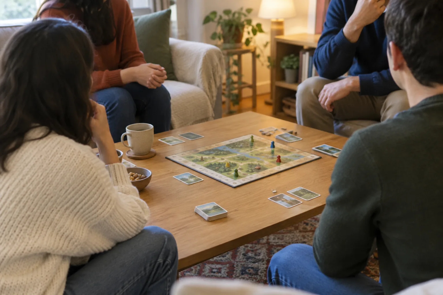 Des joueurs réunis autour d’un plateau et de cartes, dans une ambiance attentive et calme.
