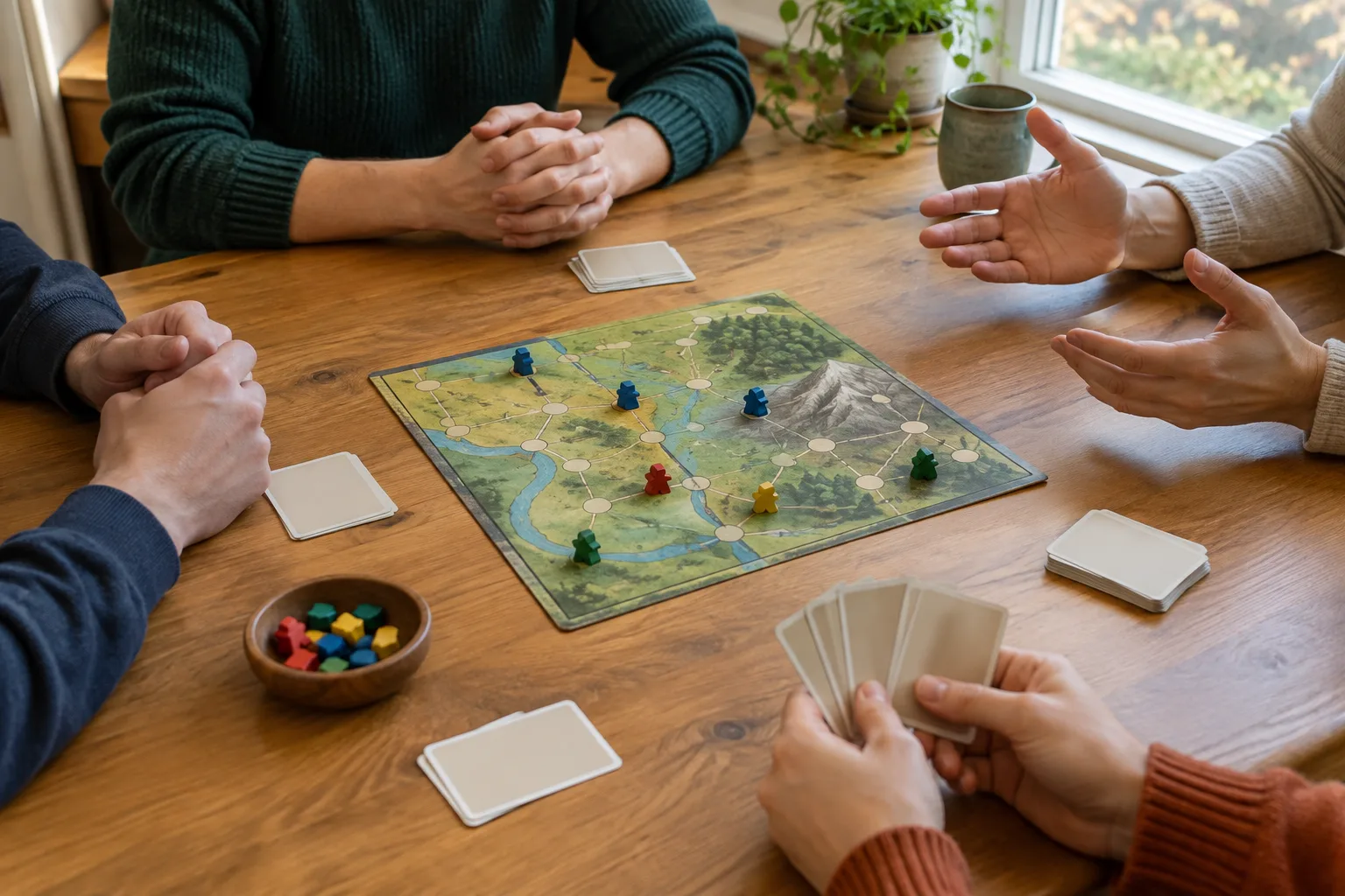 Des mains autour d’un plateau et de cartes, tandis que les joueurs échangent à tour de rôle.
