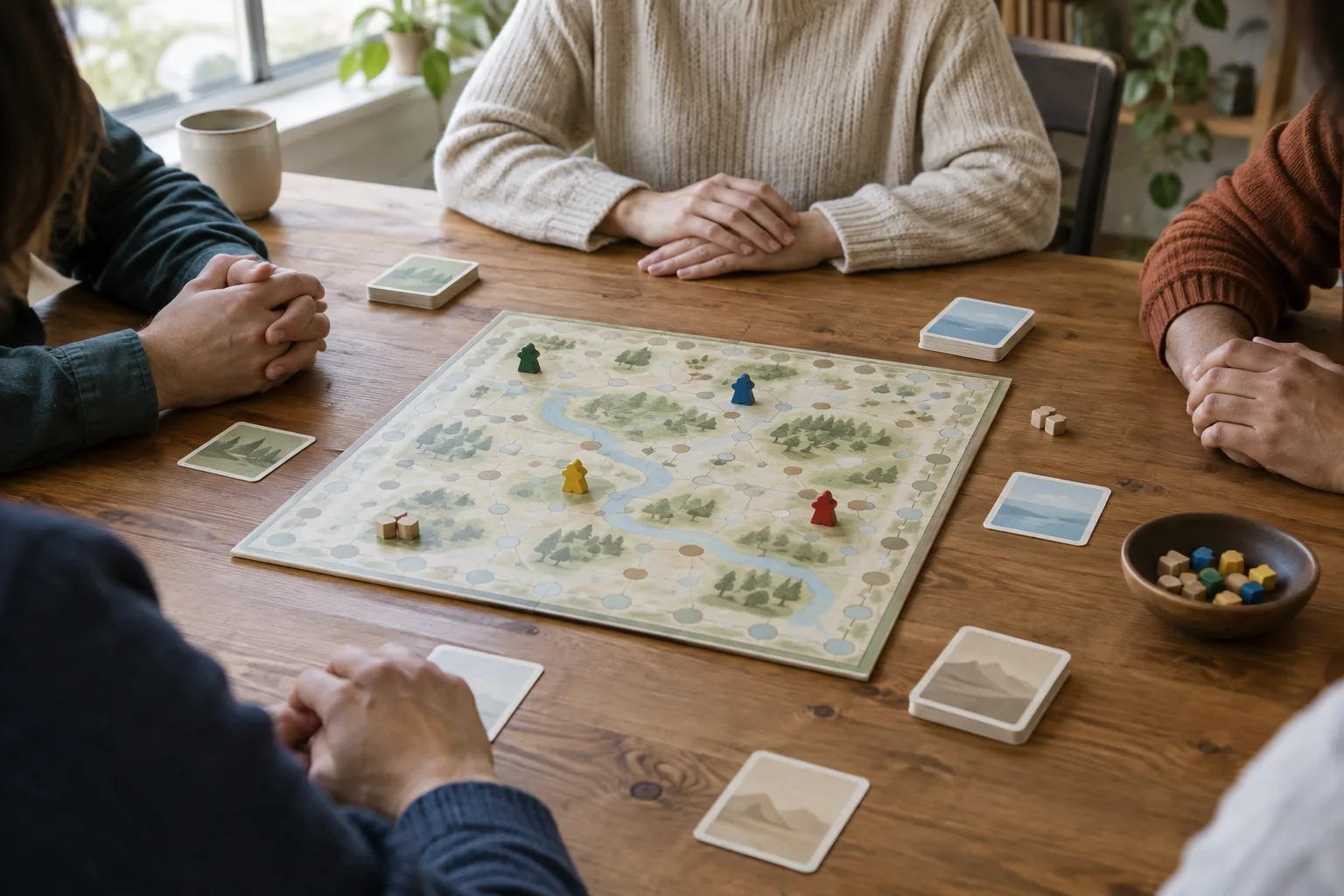 Des joueurs réunis autour d’un plateau, dans un moment d’écoute calme.