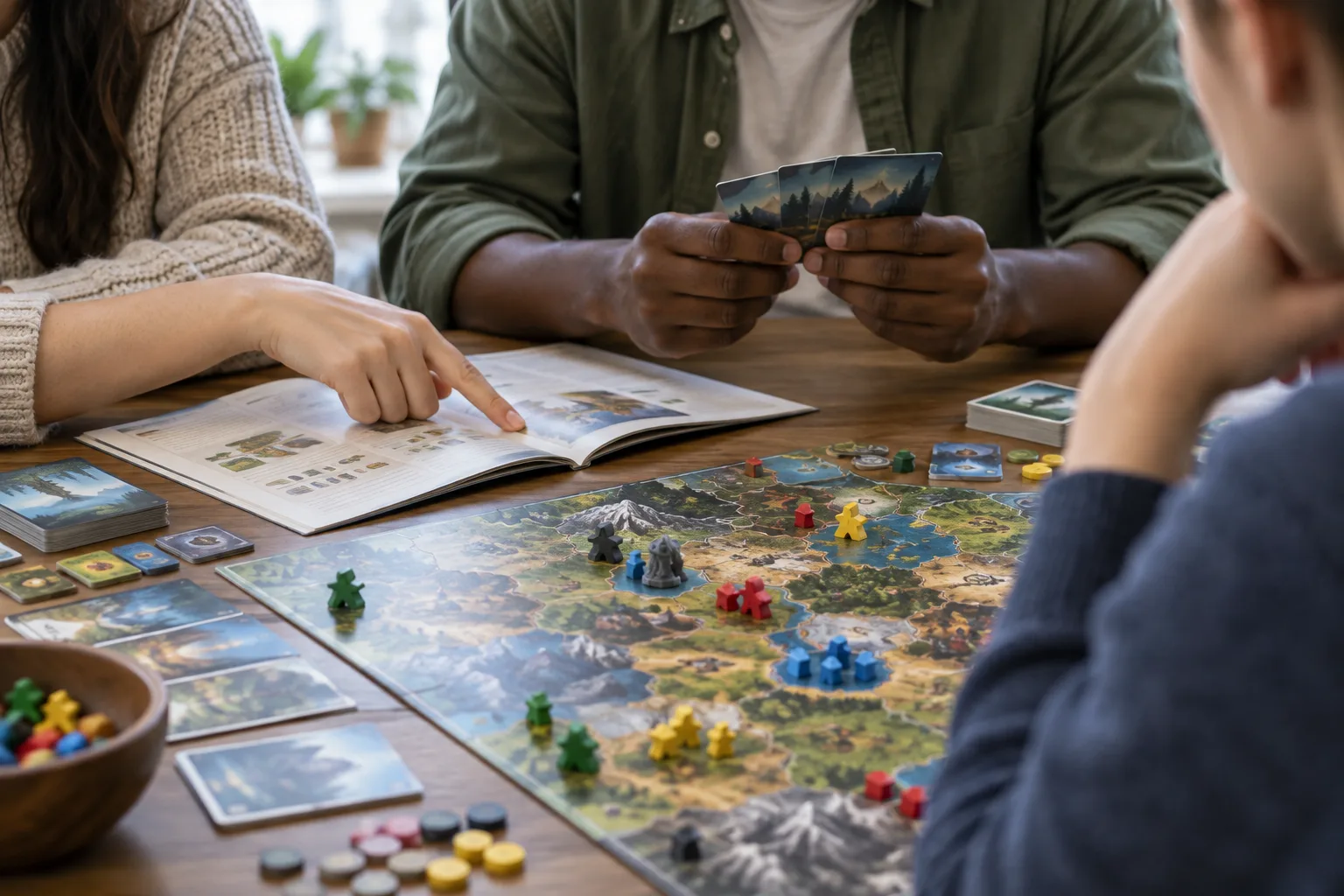 Un joueur montre un livret de règles à une personne qui découvre le jeu.