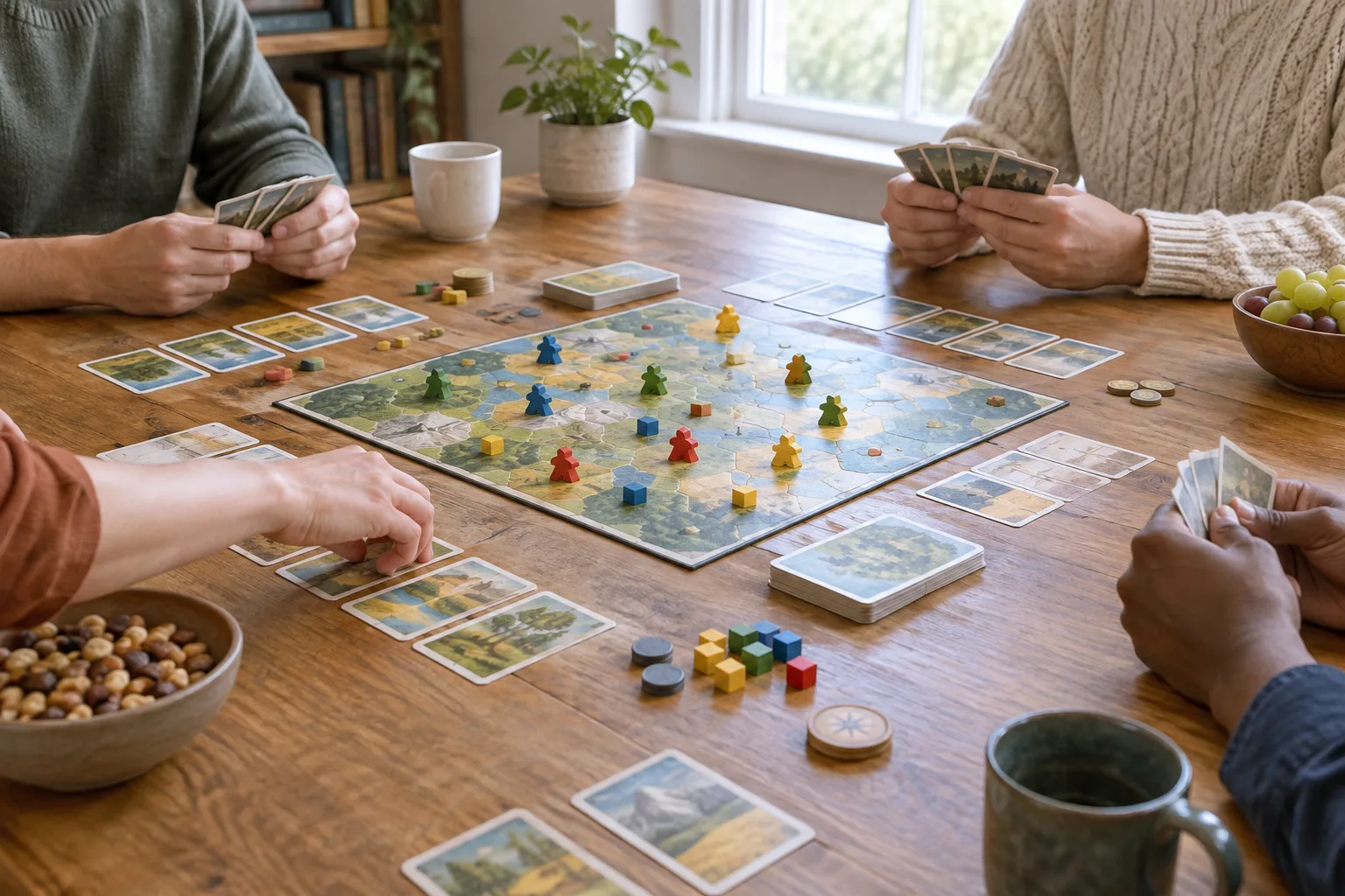 Des mains de joueurs réunies autour d’un plateau et de cartes dans une ambiance accueillante.