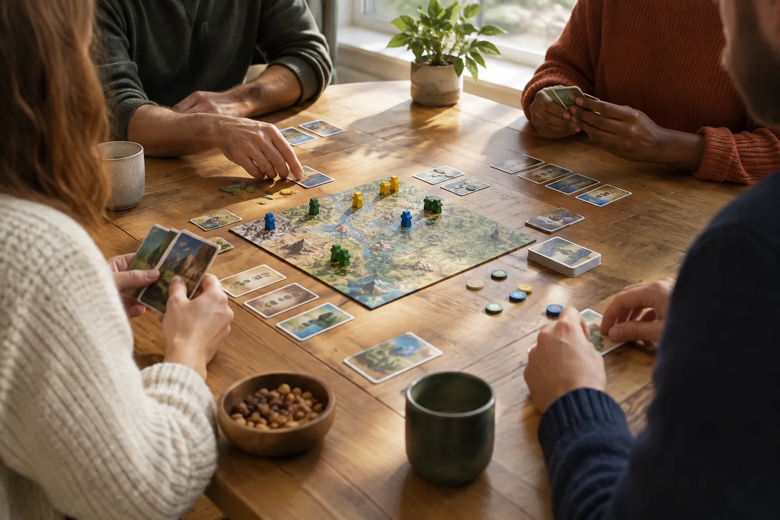 Des joueurs assis autour d’un plateau et de cartes, prêts à échanger dans un cadre calme.