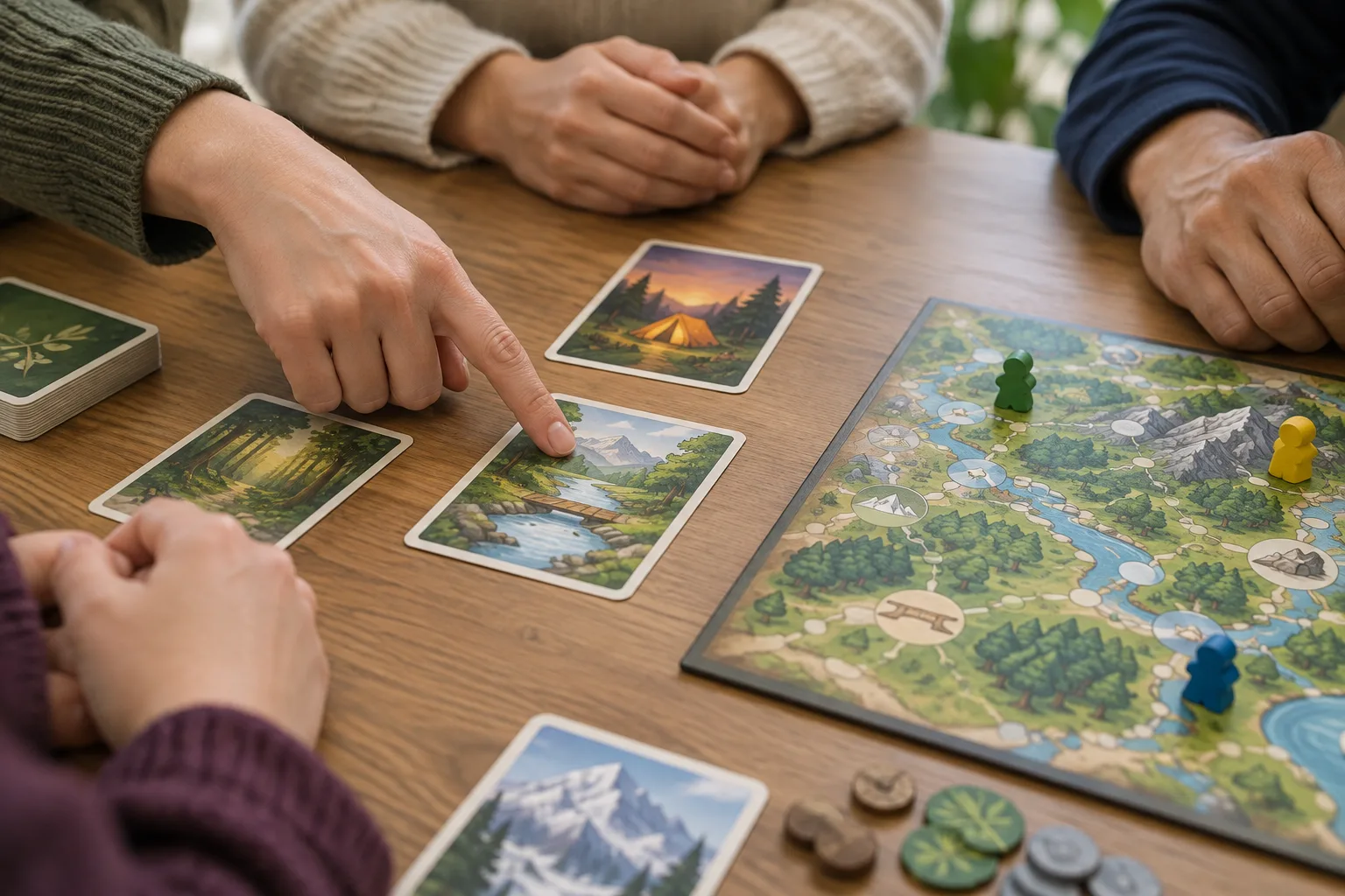 Des mains attentives autour d’une carte et d’un plateau pendant un échange.
