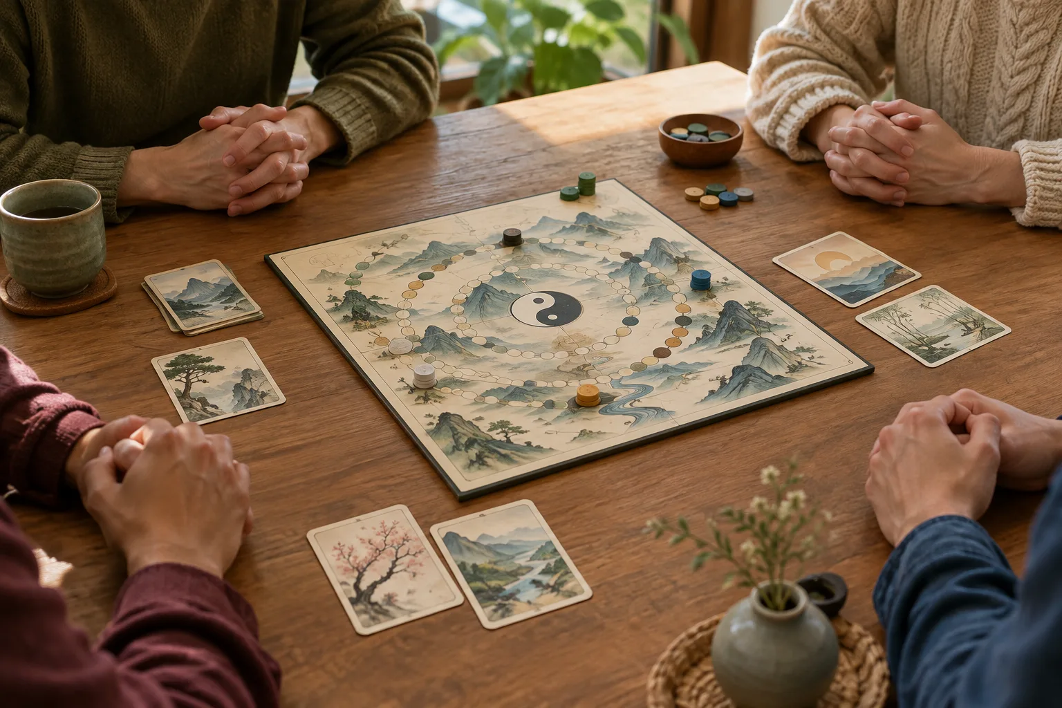 Un plateau de jeu et des cartes au centre d’une table entourée de joueurs attentifs.