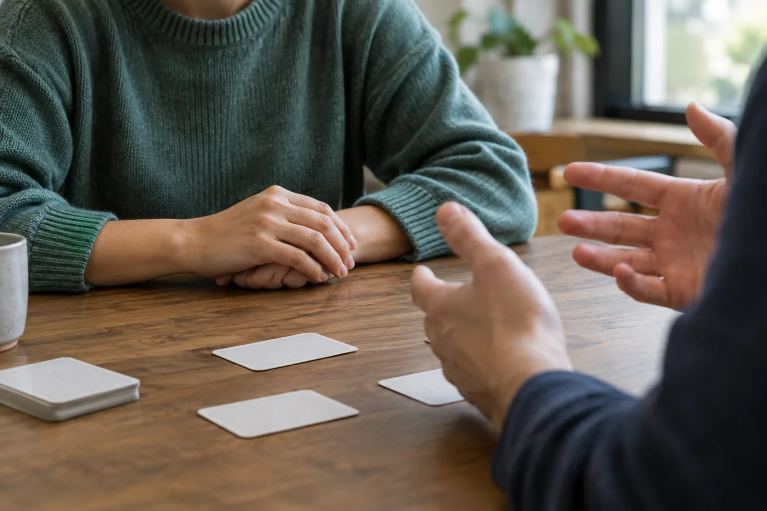 Une personne écoute attentivement un joueur pendant un échange autour de cartes.